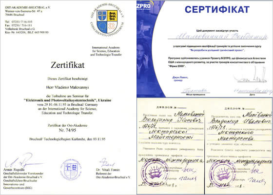 Certificates have been given by International Academy for Science, Education and Technology Transfer, Bruchsal, Germany; by Public University of Lecture Skill, Poltava